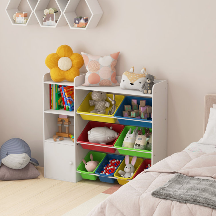 Toy storage shop shelves with bins